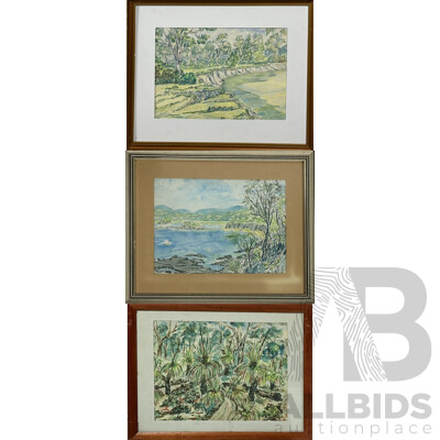 Ken Meares, (20th C., Australian), Black Boys (Jerusalem Creek), Bundaberg, (Qld) & Sunpatch (NSW), Collection of Three Pencil,  Ink & Watercolours, 40 x 49 cm (largest frame) (3)