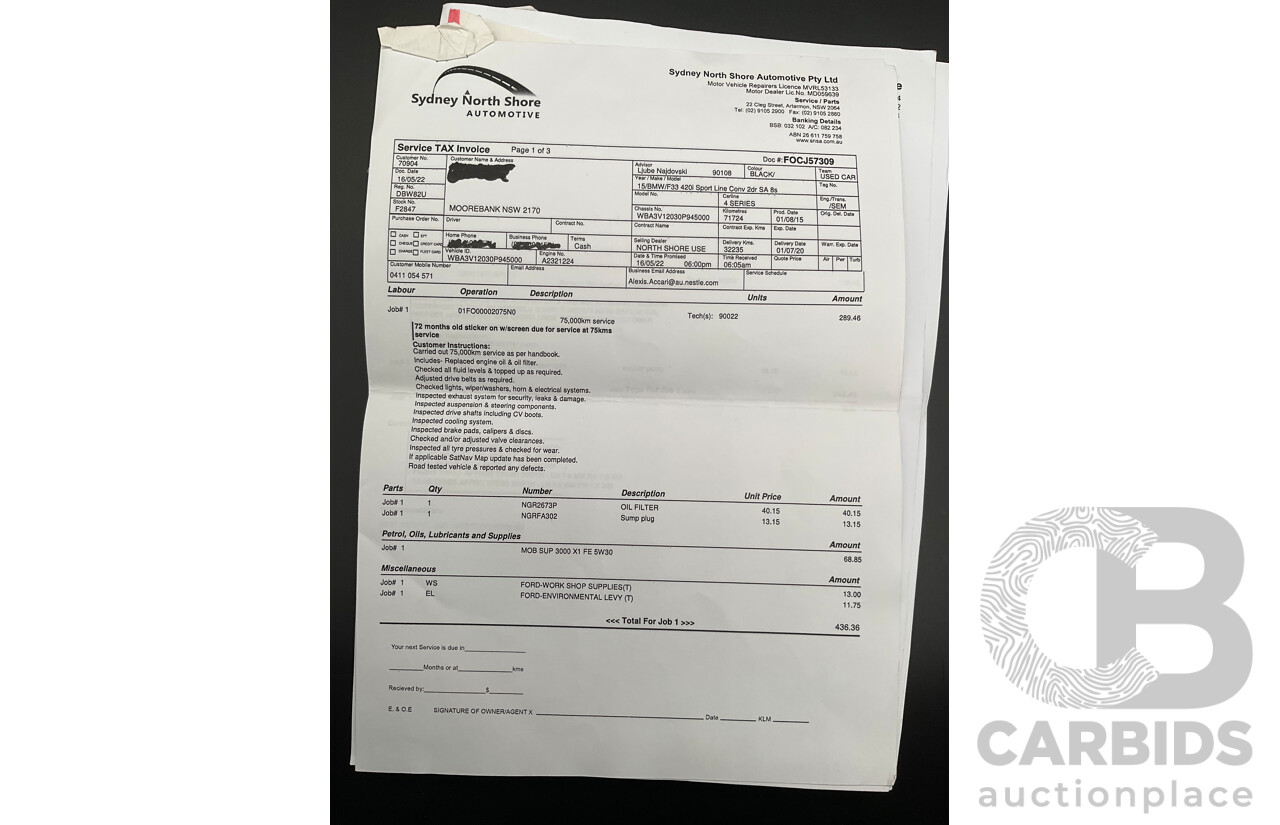 10/2015 BMW 420i Sport Line M Sport F33 MY15 2d Convertible Black Sapphire Metallic Turbo 2.0L