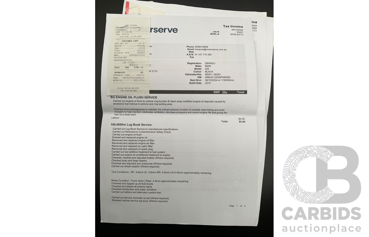 10/2015 BMW 420i Sport Line M Sport F33 MY15 2d Convertible Black Sapphire Metallic Turbo 2.0L