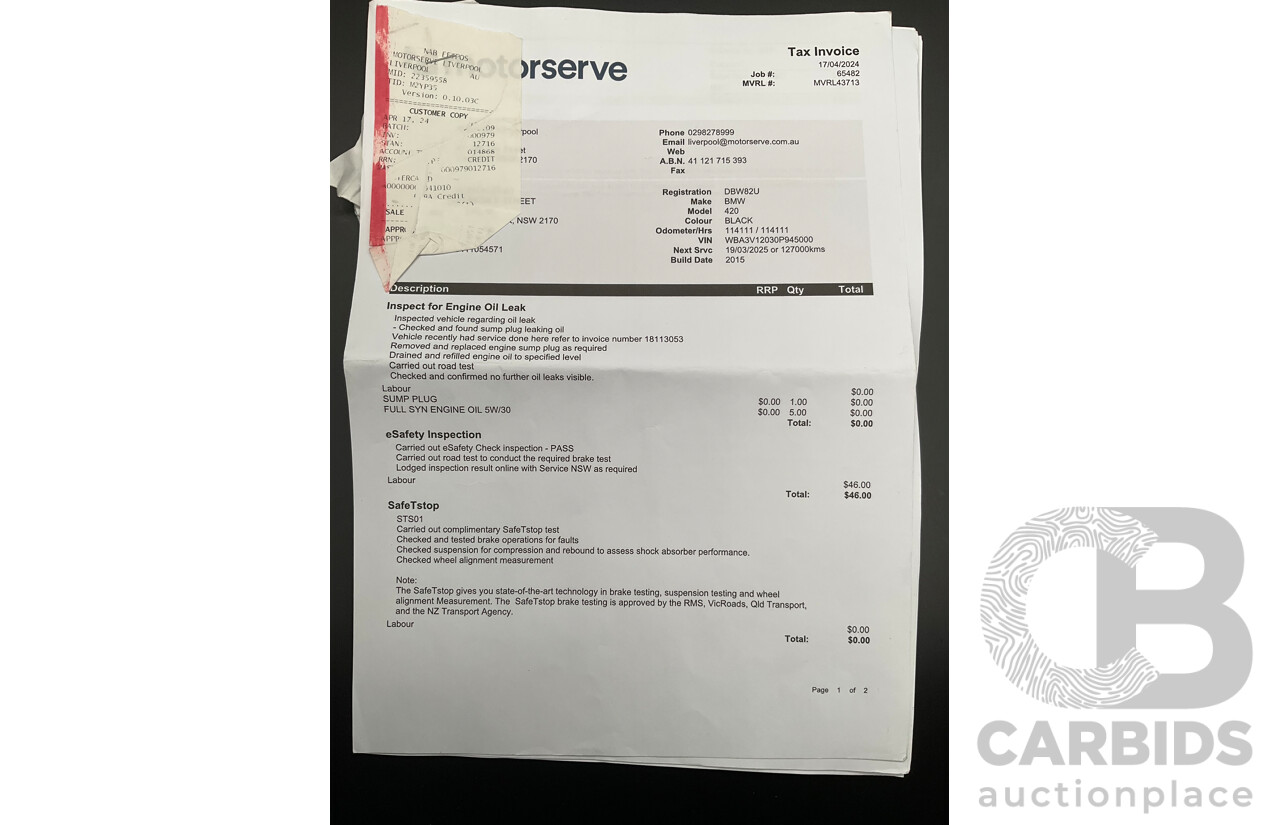 10/2015 BMW 420i Sport Line M Sport F33 MY15 2d Convertible Black Sapphire Metallic Turbo 2.0L