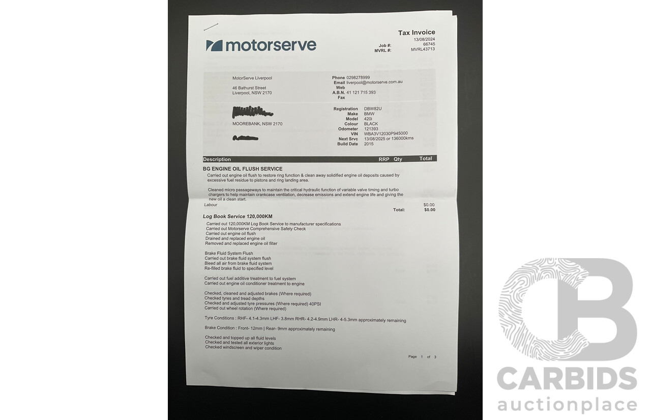 10/2015 BMW 420i Sport Line M Sport F33 MY15 2d Convertible Black Sapphire Metallic Turbo 2.0L