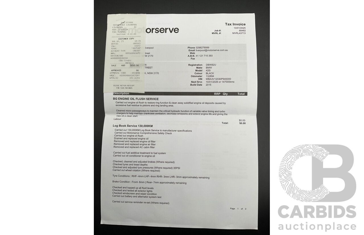 10/2015 BMW 420i Sport Line M Sport F33 MY15 2d Convertible Black Sapphire Metallic Turbo 2.0L