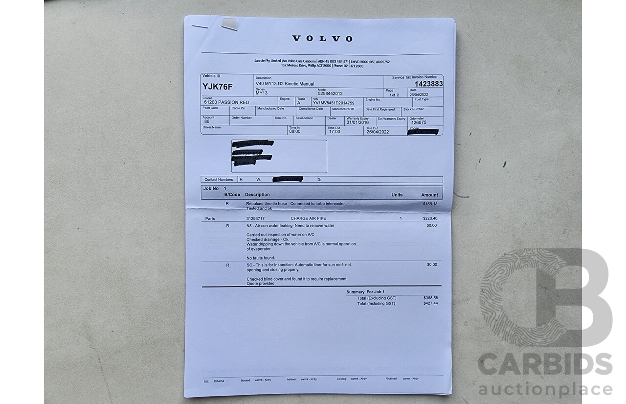1/2013 Volvo V40 D2 Kinetic M 5d Hatchback Red 1.6L