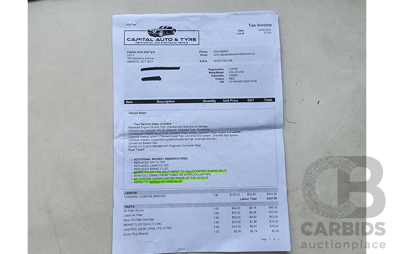 1/2013 Volvo V40 D2 Kinetic M 5d Hatchback Red 1.6L