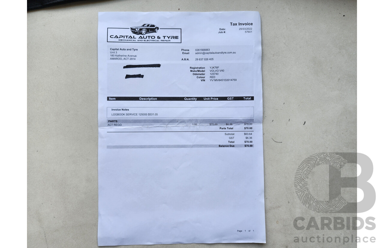 1/2013 Volvo V40 D2 Kinetic M 5d Hatchback Red 1.6L