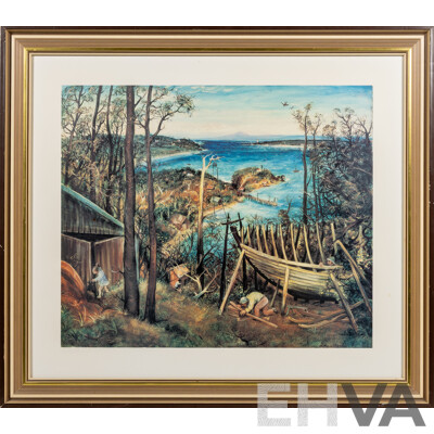 Arthur Boyd, (20th Century, Australian, 1920-1999), Boat Builders, Eden, NSW, National Gallery of Australia Reproduction Print (1982) of Original Tempera & Oil on Board (1948), 55 x 62 cm (frame)