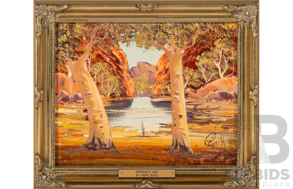 Henk Guth, (20th Century, Dutch-Australian, 1921-2003), Simpson's Gap, Original Vintage Oil on Canvas, 25.5 x 31 cm (frame)