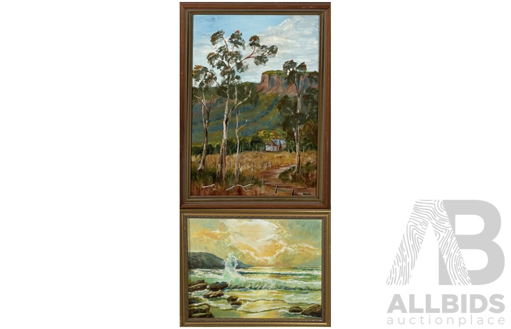 B.Black (20th Century, Australian) Lone Cottage & Kath Delaney (20th Century, Australian), Sunrise at the Beach, Pair of Oil on Canvas Boards, 51 x 36 & 35 x 45 cm (frames) (2)