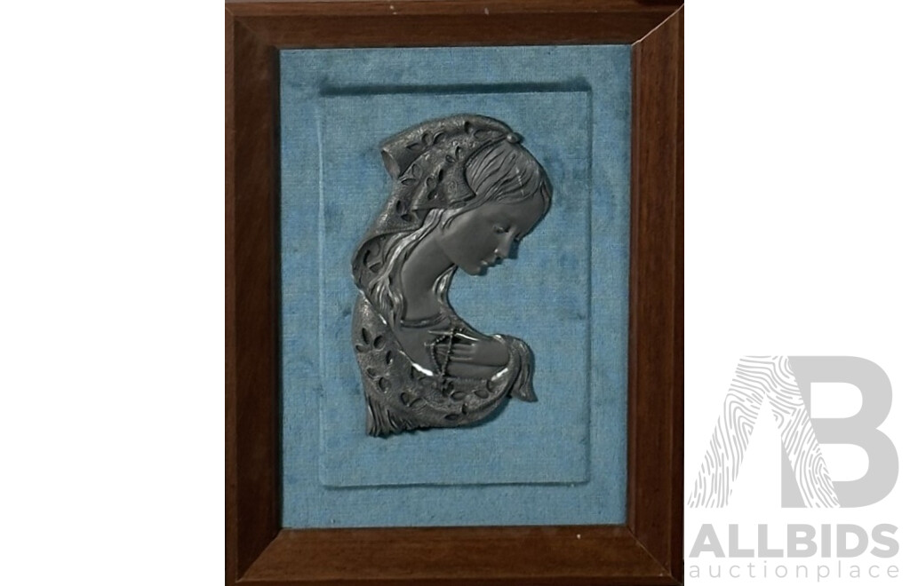 Artist Unknown, (20th Century), Lady in Contemplation with Crucifix, Wonderful Vintage Pewter on Velvet, 37 x 27 cm (frame)