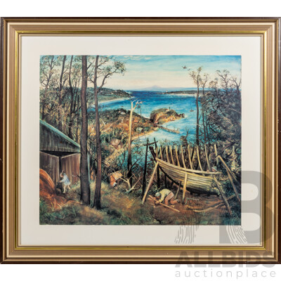 Arthur Boyd, (20th Century, Australian, 1920-1999), Boat Builders, Eden, NSW, National Gallery of Australia Reproduction Print (1982) of Original Tempera & Oil on Board (1948), 55 x 62 cm (frame)