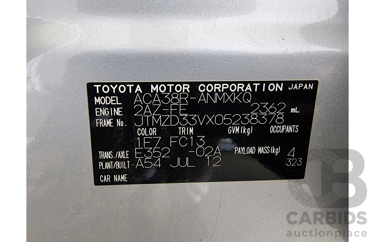 8/2012 Toyota Rav4 CV (2wd) ACA38R 4d Wagon Silver 2.4L