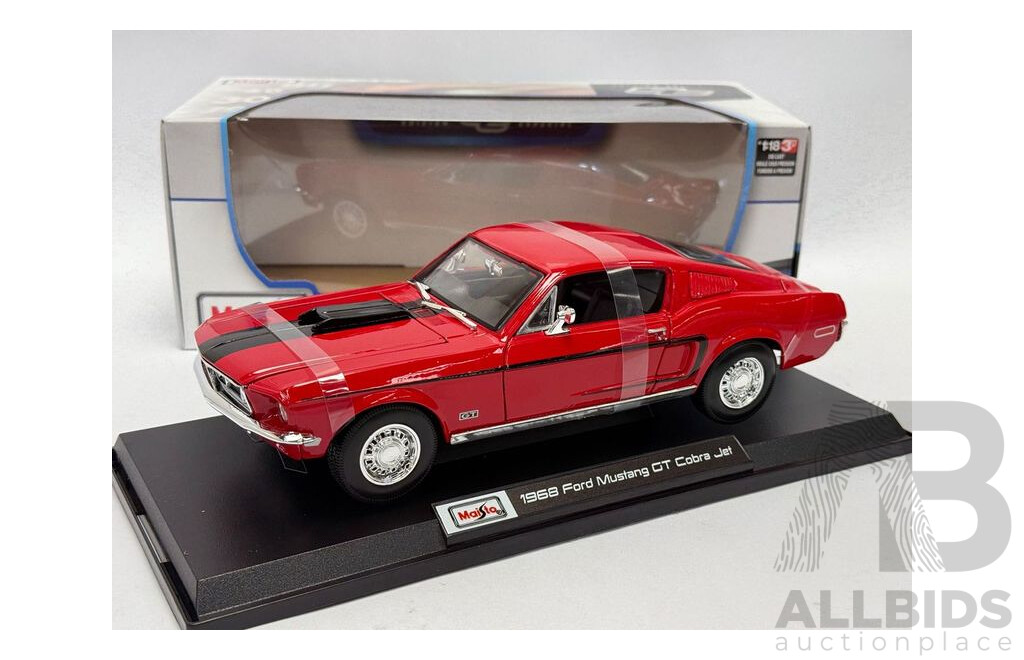 Maisto 1968 Ford Mustang GT Fastback 428 Cobra Jet Red 1:18 Scale Model Car - New