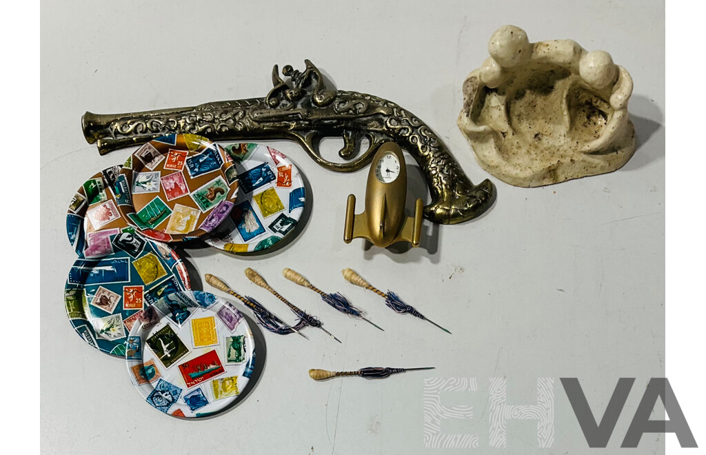 Collection of Interesting Homeware Including Metal Display Pistol, Small Novelty Clock and More