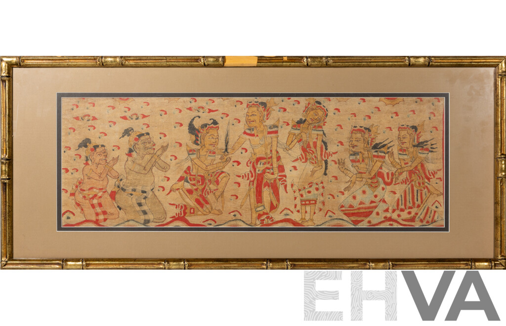 Artist Unknown, (Indonesian School), Wayang Ceremonial Offering, Vintage Ink & Natural Pigment Colour on Cotton, 45 x 106 cm (frame)