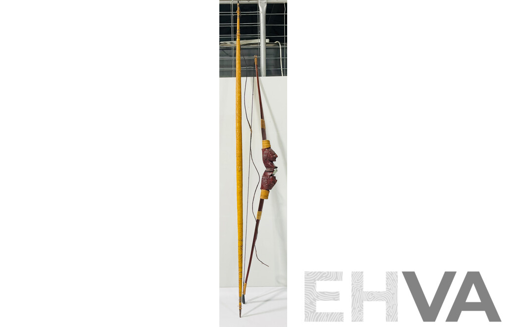 Wood with Woven Cane Wrapping Bow From PNG Along with Souvenir Ware Native American Indian Bow