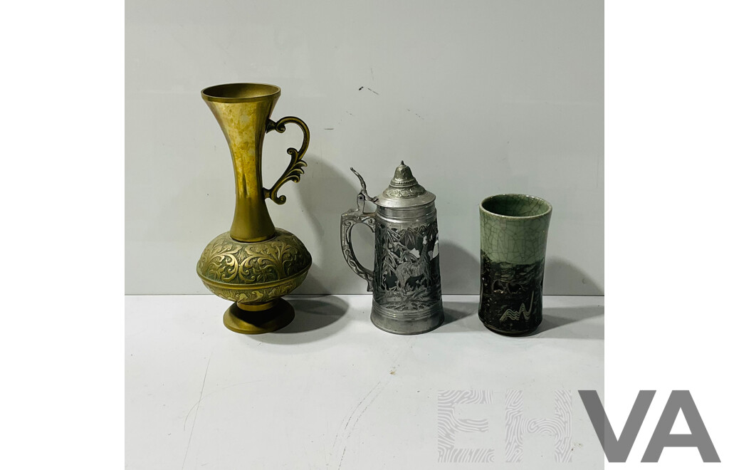 Hong Kong Pewter Dragon Tankard by Hing Fat, Middle Eastern Brass Vase & Japanese Pottery Cup