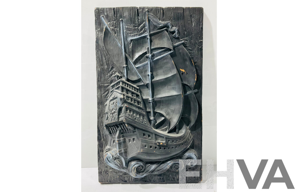 Carved Painted Wooden Wall Display Depicting Ship