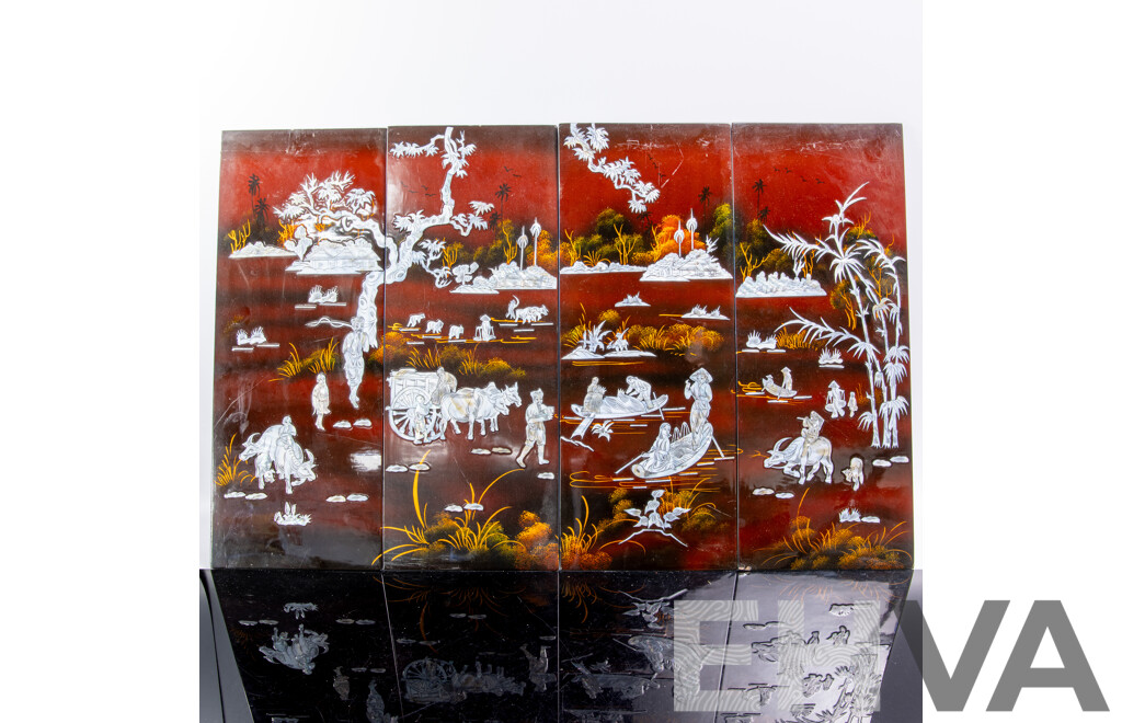 Set Four Vietnamese Lacquer Panels with Intricate Mother of Pearl Inlay Scenes