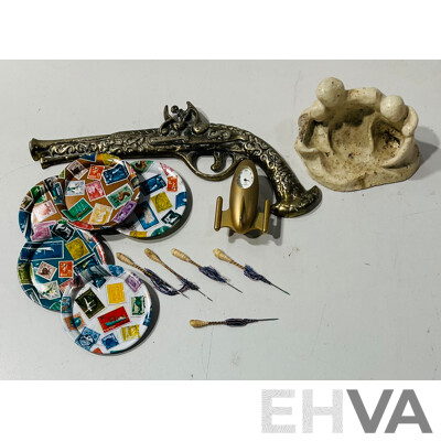 Collection of Interesting Homeware Including Metal Display Pistol, Small Novelty Clock and More