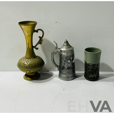 Hong Kong Pewter Dragon Tankard by Hing Fat, Middle Eastern Brass Vase & Japanese Pottery Cup