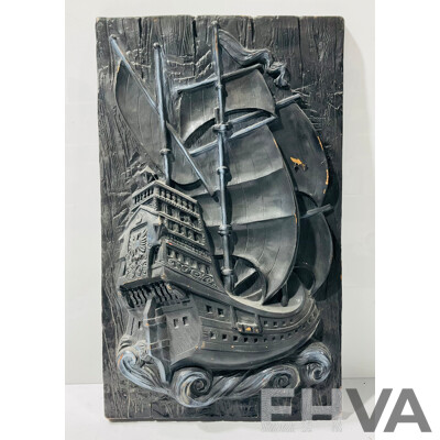 Carved Painted Wooden Wall Display Depicting Ship