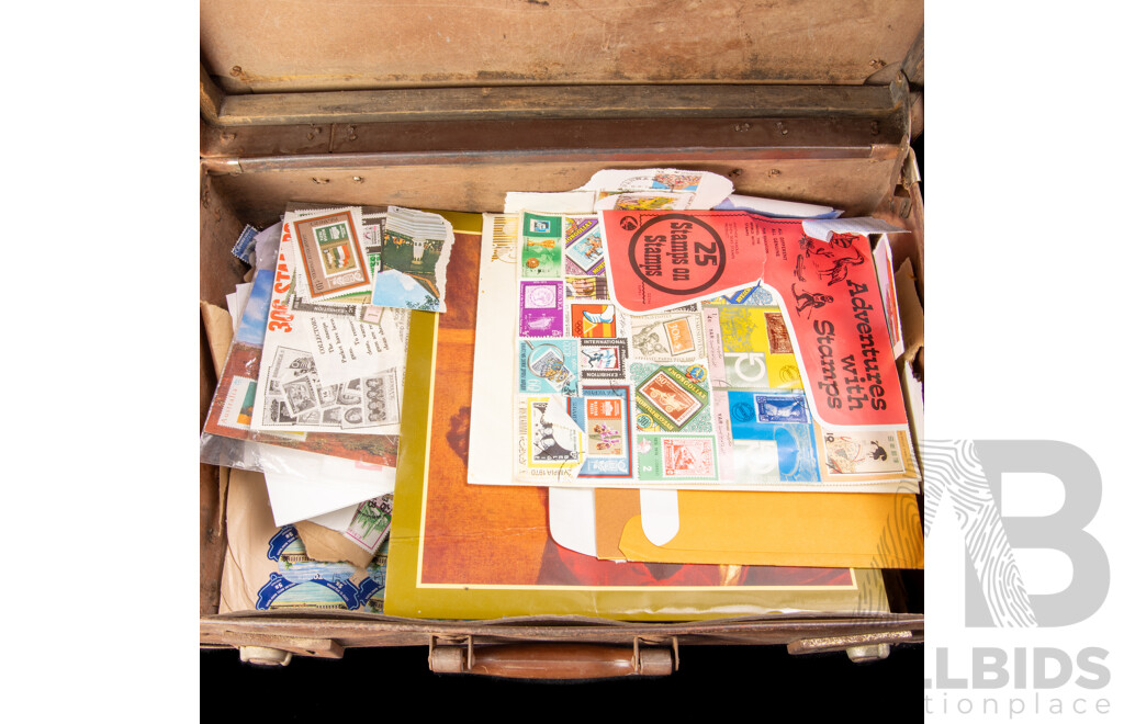 Collection of Vintage International Used Stamps and Packs Including Seoul Olympics, Captain Cook Bicentenary, UK Royal Mint 1980 Coin, Vintage Suitcase