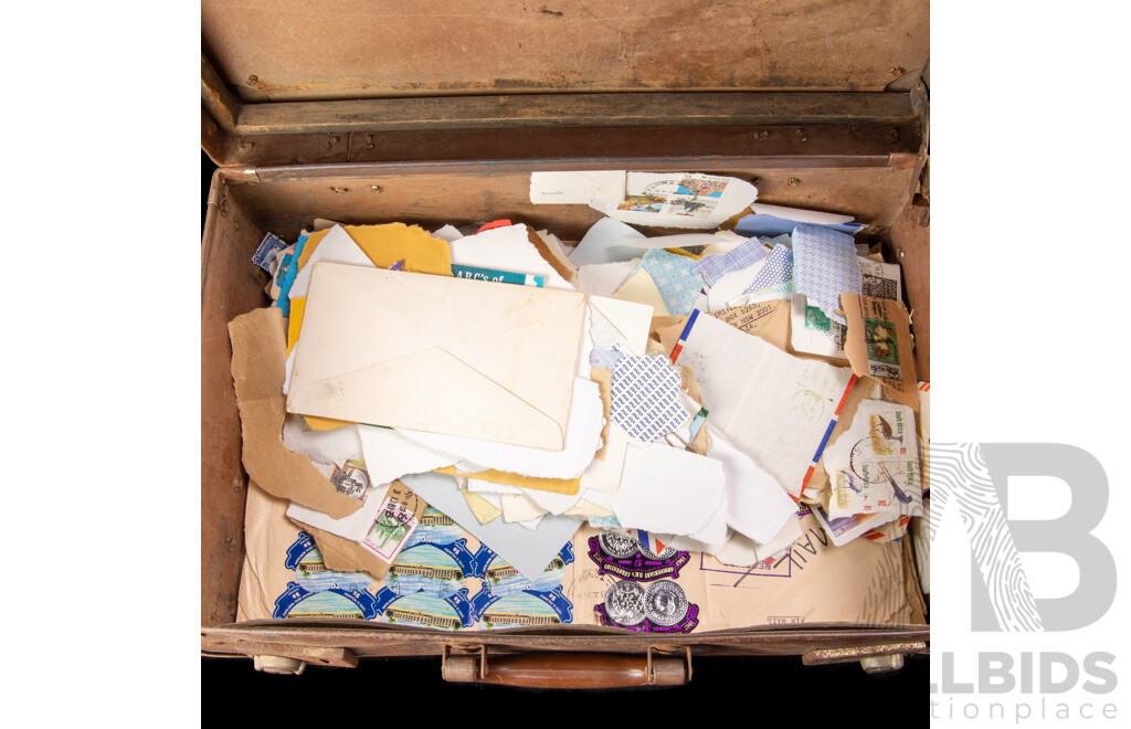 Collection of Vintage International Used Stamps and Packs Including Seoul Olympics, Captain Cook Bicentenary, UK Royal Mint 1980 Coin, Vintage Suitcase