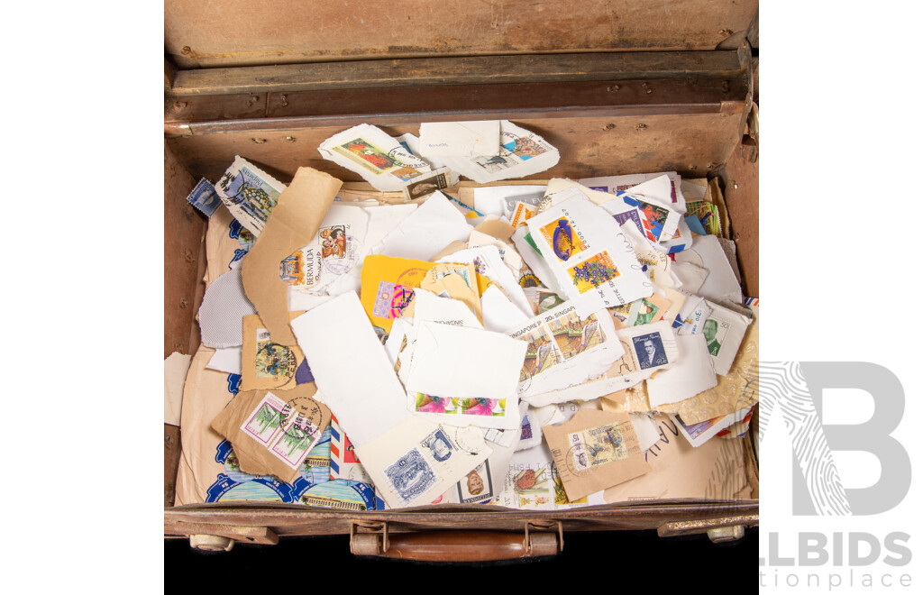 Collection of Vintage International Used Stamps and Packs Including Seoul Olympics, Captain Cook Bicentenary, UK Royal Mint 1980 Coin, Vintage Suitcase
