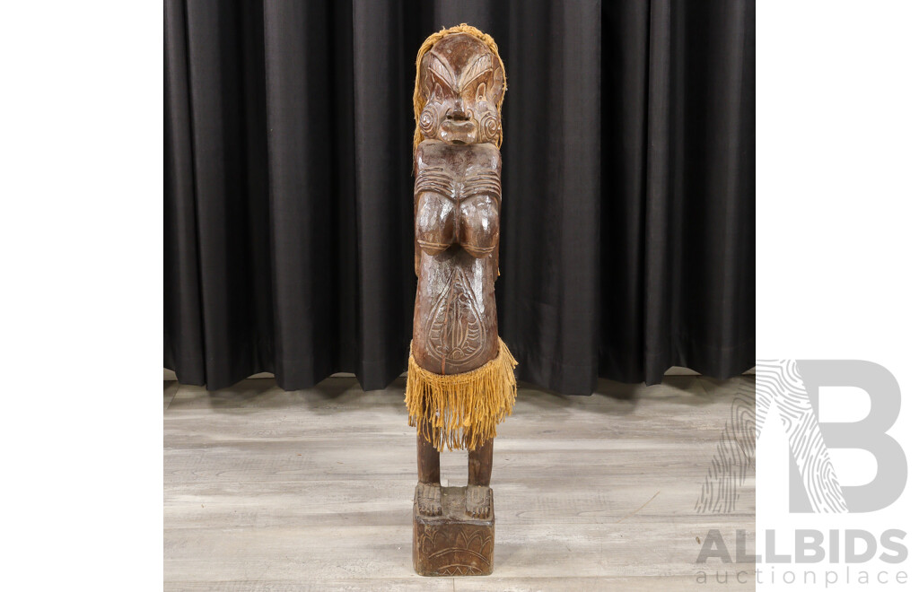 Hand Carved Asian Tribal Style Hard Wood Figure with Fibre Skirt and Hair Detail