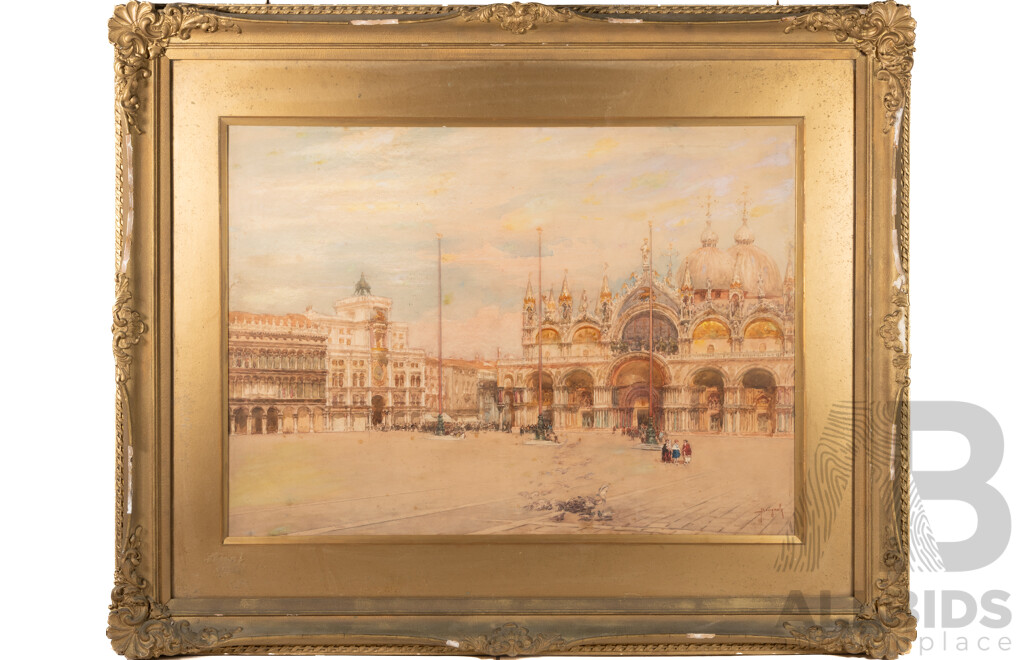 Emanuele Brugnoli, (19th/20th Centuries, Italian, 1859-1944), Piazza San Marco, Venezia [St. Marco's Square, Venice], Antique Watercolour on Paper 77 x 95 cm (frame)