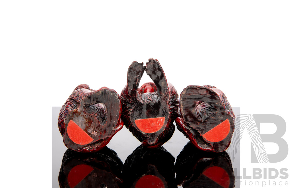 Set of Three Wise Monkeys, Lacquered Red Resin Figures