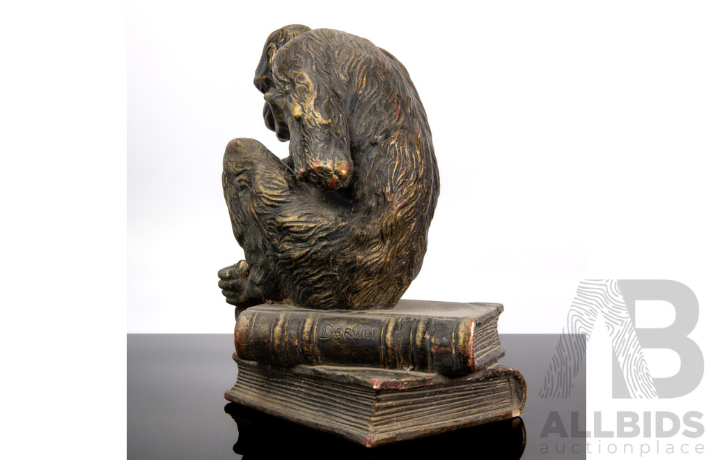 Painted Chalkwear Figurer of a Thinking Primate with Skull