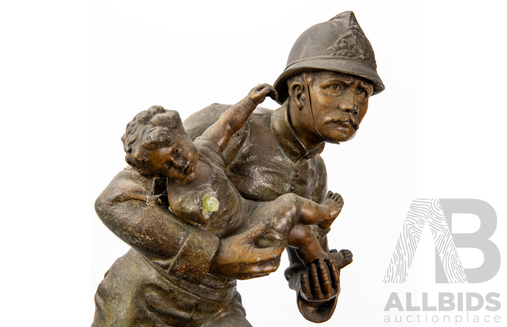 Large Antique Style Spelter Figure of a Man Holding a Child