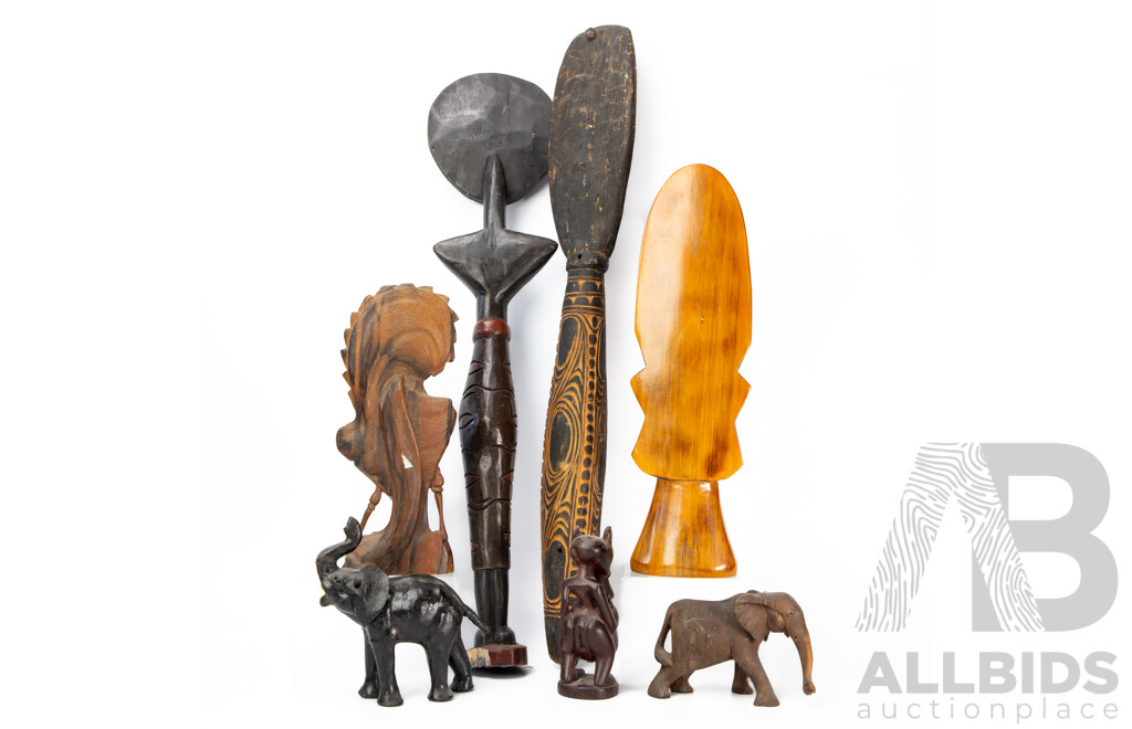 Assorted Tribal-Style Carved Wooden Masks, Figurines & Animals