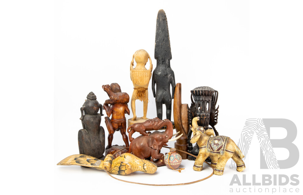 Assorted Tribal-Style Carved Wooden Masks, Figurines & Animals