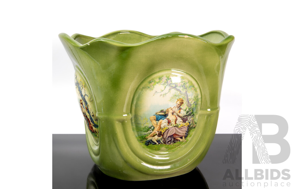 Green Glazed Ceramic Jardinière with Classic Pastoral Scene , Inscribed to Base 1991