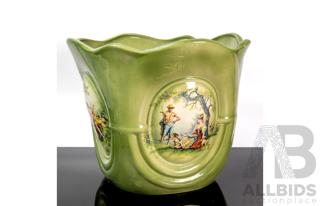 Green Glazed Ceramic Jardinière with Classic Pastoral Scene , Inscribed to Base 1991
