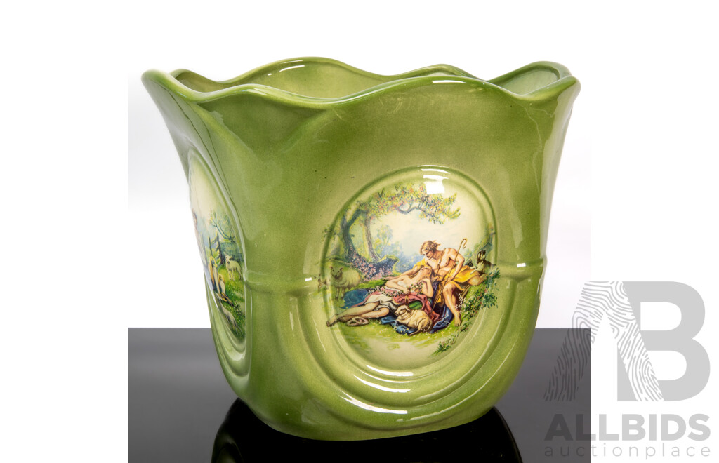 Green Glazed Ceramic Jardinière with Classic Pastoral Scene , Inscribed to Base 1991
