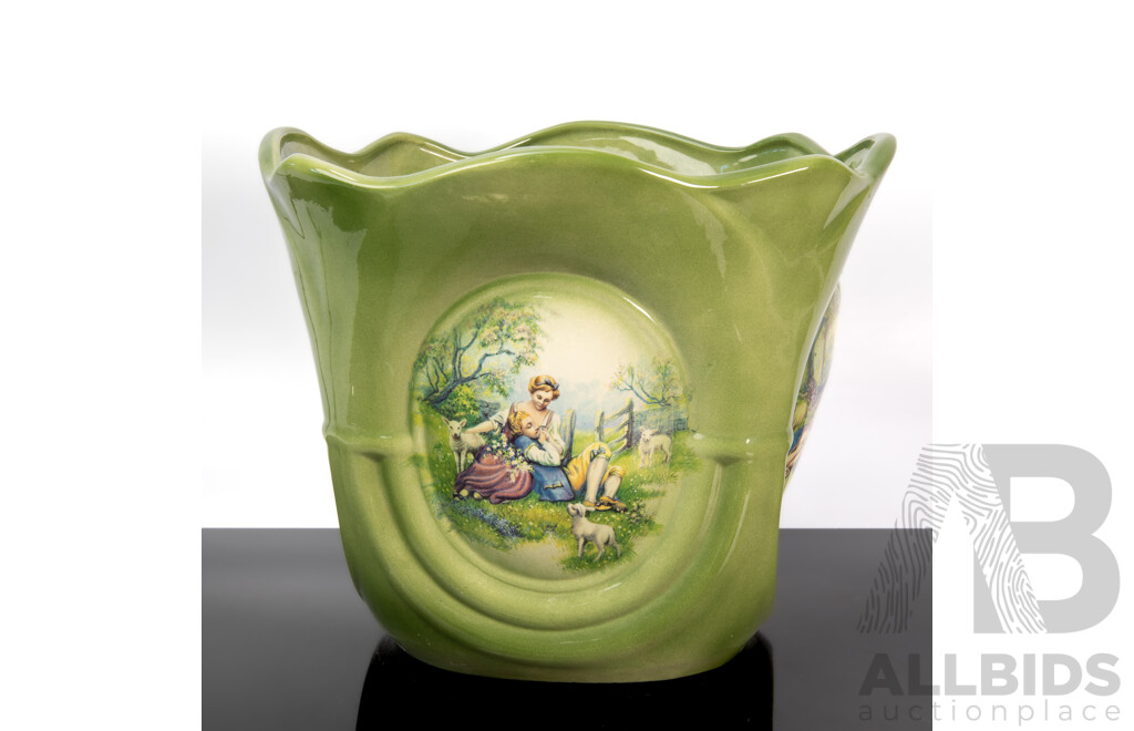 Green Glazed Ceramic Jardinière with Classic Pastoral Scene , Inscribed to Base 1991