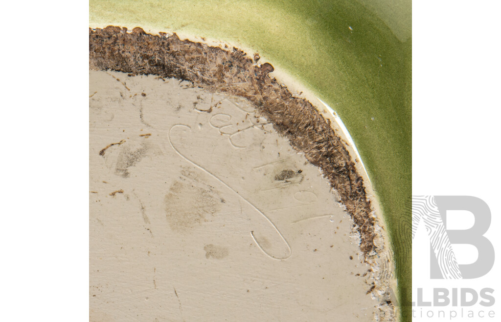 Green Glazed Ceramic Jardinière with Classic Pastoral Scene , Inscribed to Base 1991