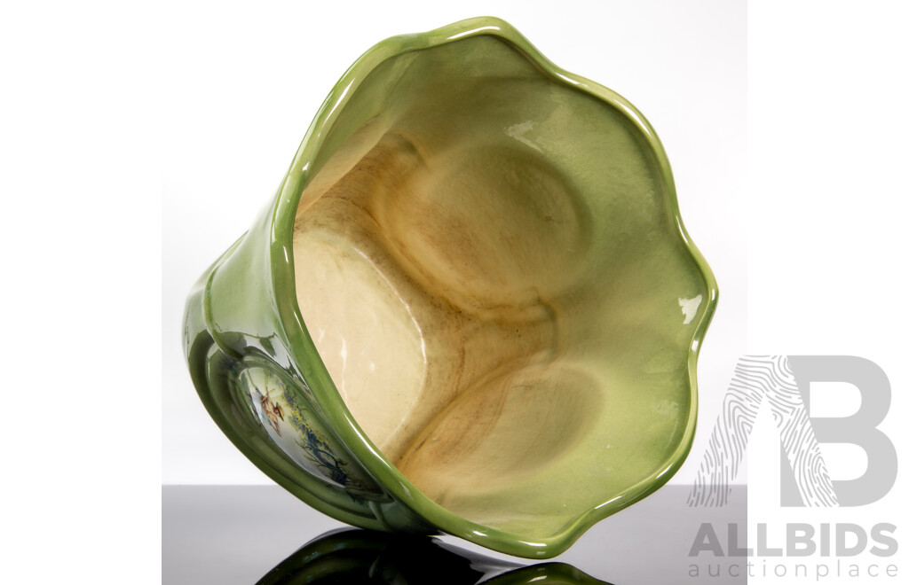 Green Glazed Ceramic Jardinière with Classic Pastoral Scene , Inscribed to Base 1991