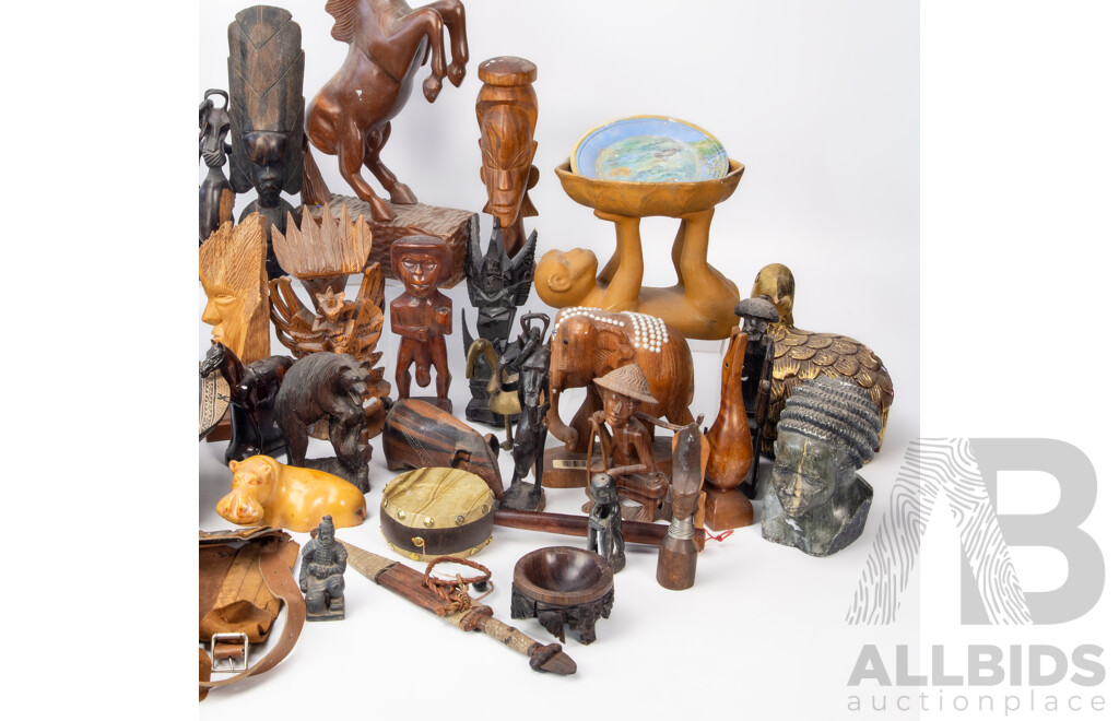 Large Mixed Lot of Carved Wooden Tourist Souvenir Figures and Decor