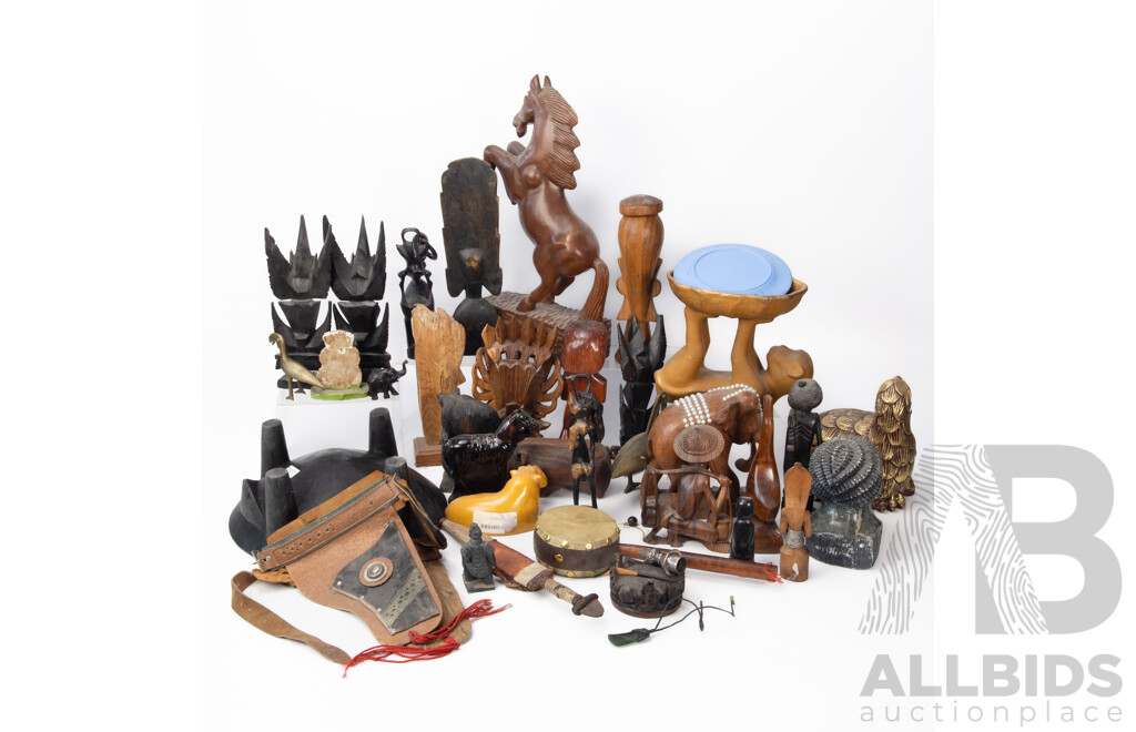 Large Mixed Lot of Carved Wooden Tourist Souvenir Figures and Decor