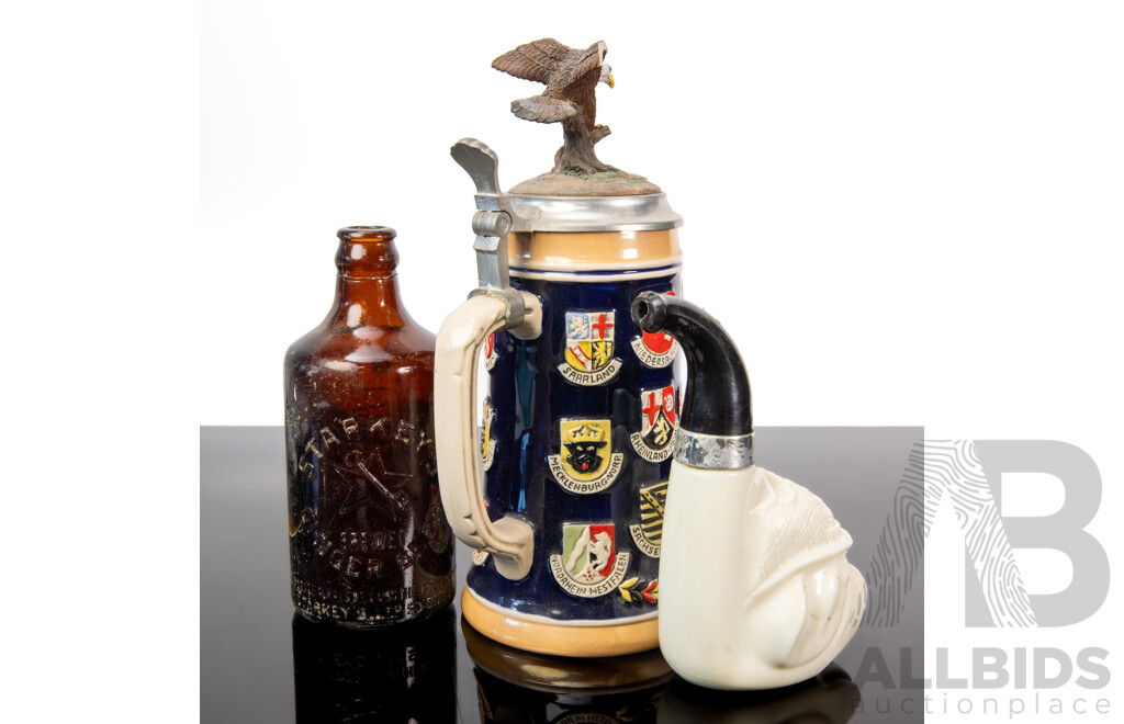 Avon Bulldog Pipe Decanter, Starkeys Ginger Beer Bottle  & Gerz Germany Beer Stein