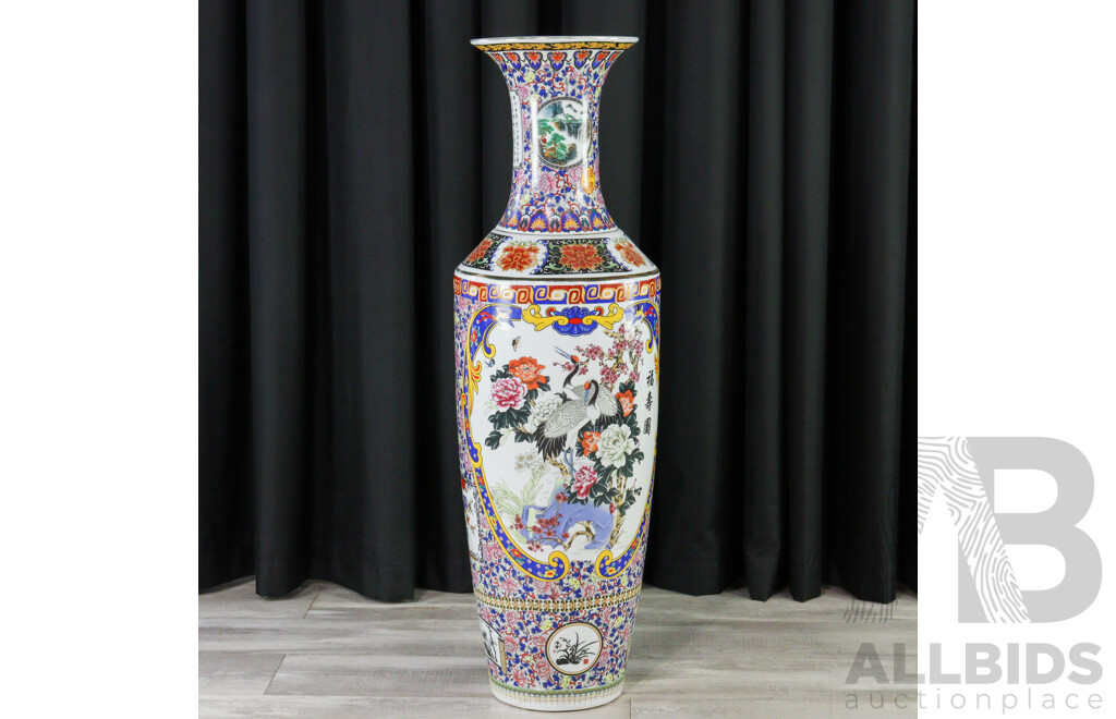 Large Glazed Ceramic Chinese Floor Vase with Swallows