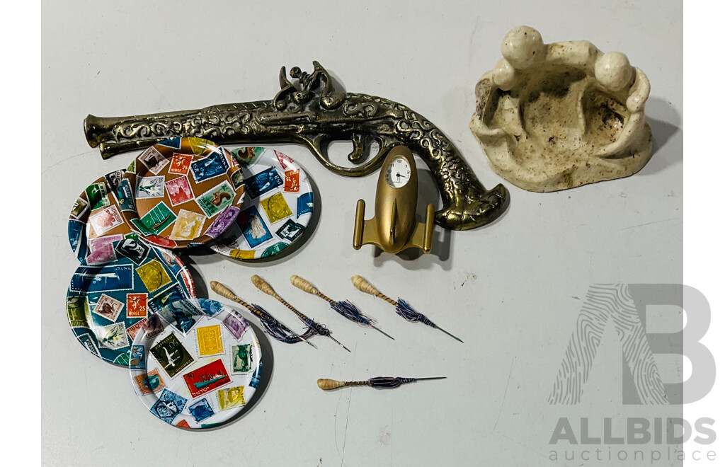 Collection of Interesting Homeware Including Metal Display Pistol, Small Novelty Clock and More