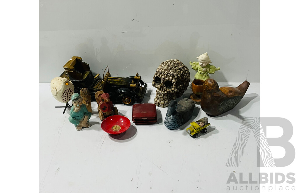 Collection of Carved Wooden and Other Toys and Decorations Including Ducks, Cars and More
