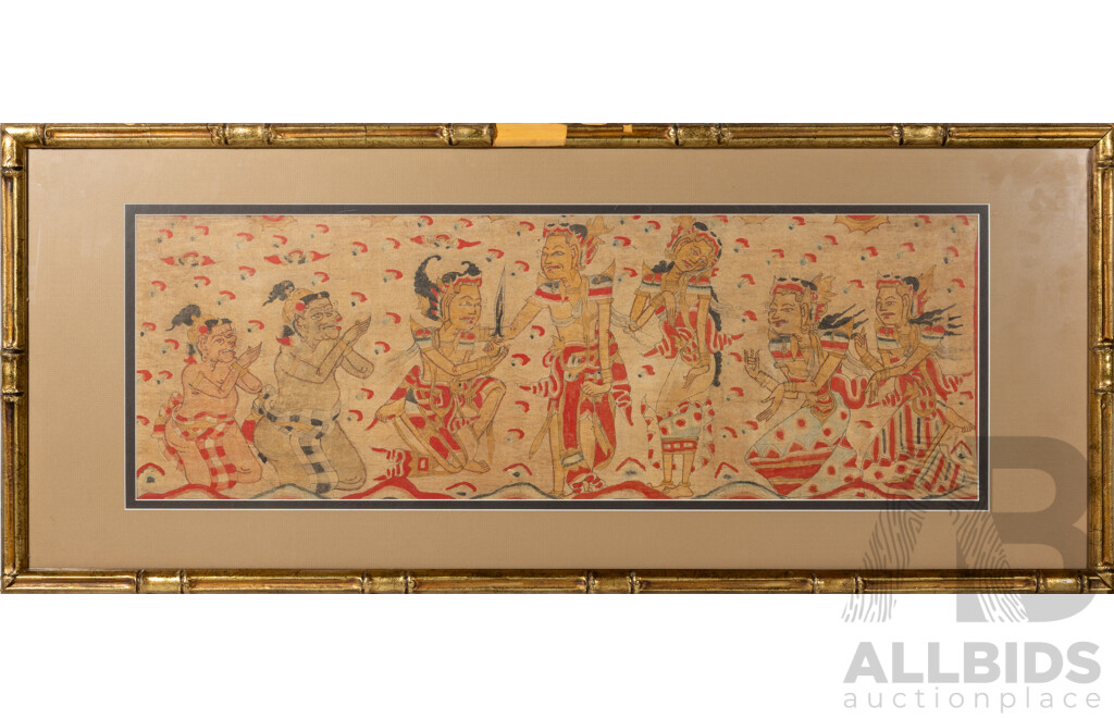 Artist Unknown, (Indonesian School), Wayang Ceremonial Offering, Vintage Ink & Natural Pigment Colour on Cotton, 45 x 106 cm (frame)