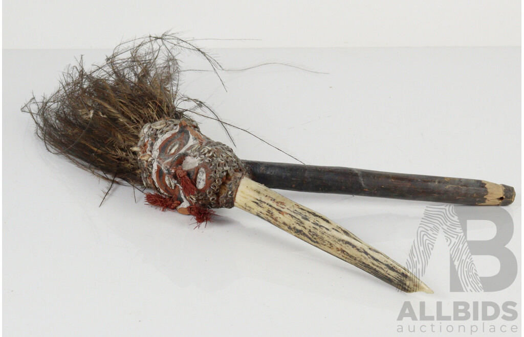 Vintage Sepik River PNG Ceremonial Cassowary Bone Digging Adze with Wooden Handle & Clay, Shell & Feather Decoration