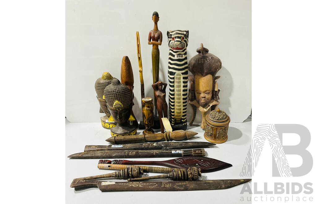 Collection Asian, Oceanic and Tribal Souvenir Ware Pieces Including Mask, Figures and More